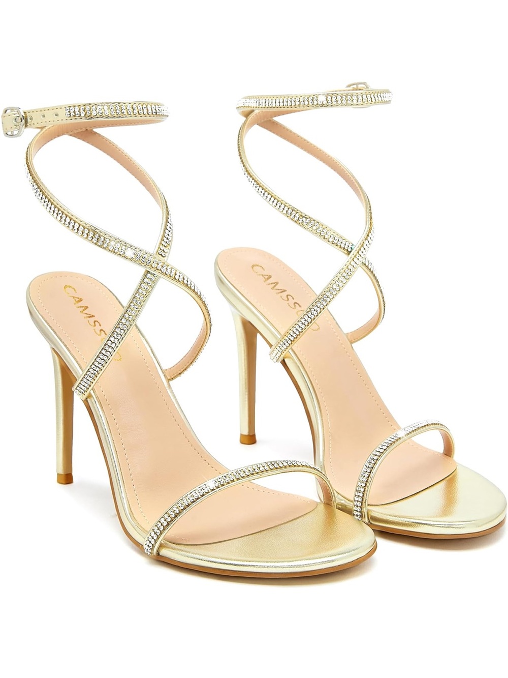 Camssoo Size 9 Rhinestone and Flower Strappy Heels, Stiletto Sandals